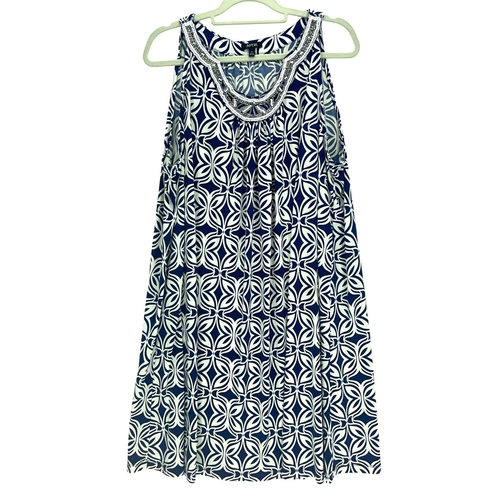 Apt. 9 Blue White Geometric Print Sleeveless Beaded Neck Dress 2X Boho
